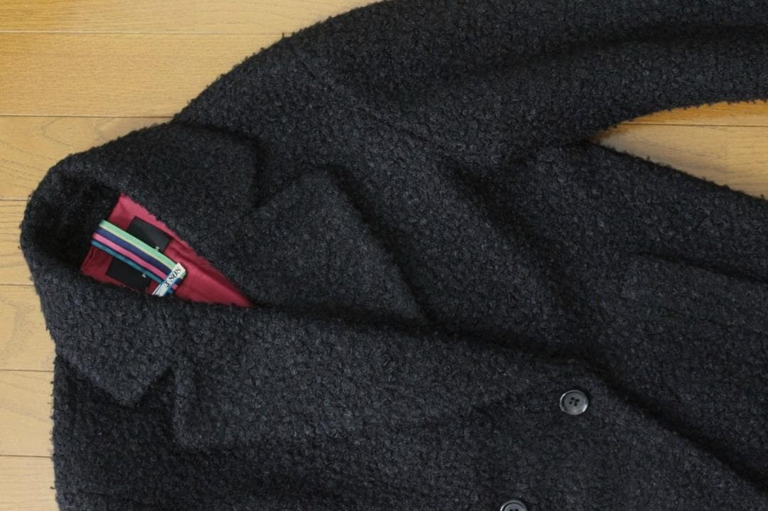 25【極美品】ポールスミス コート 38 M 黒 もこもこ素材 ワインレッド裏地