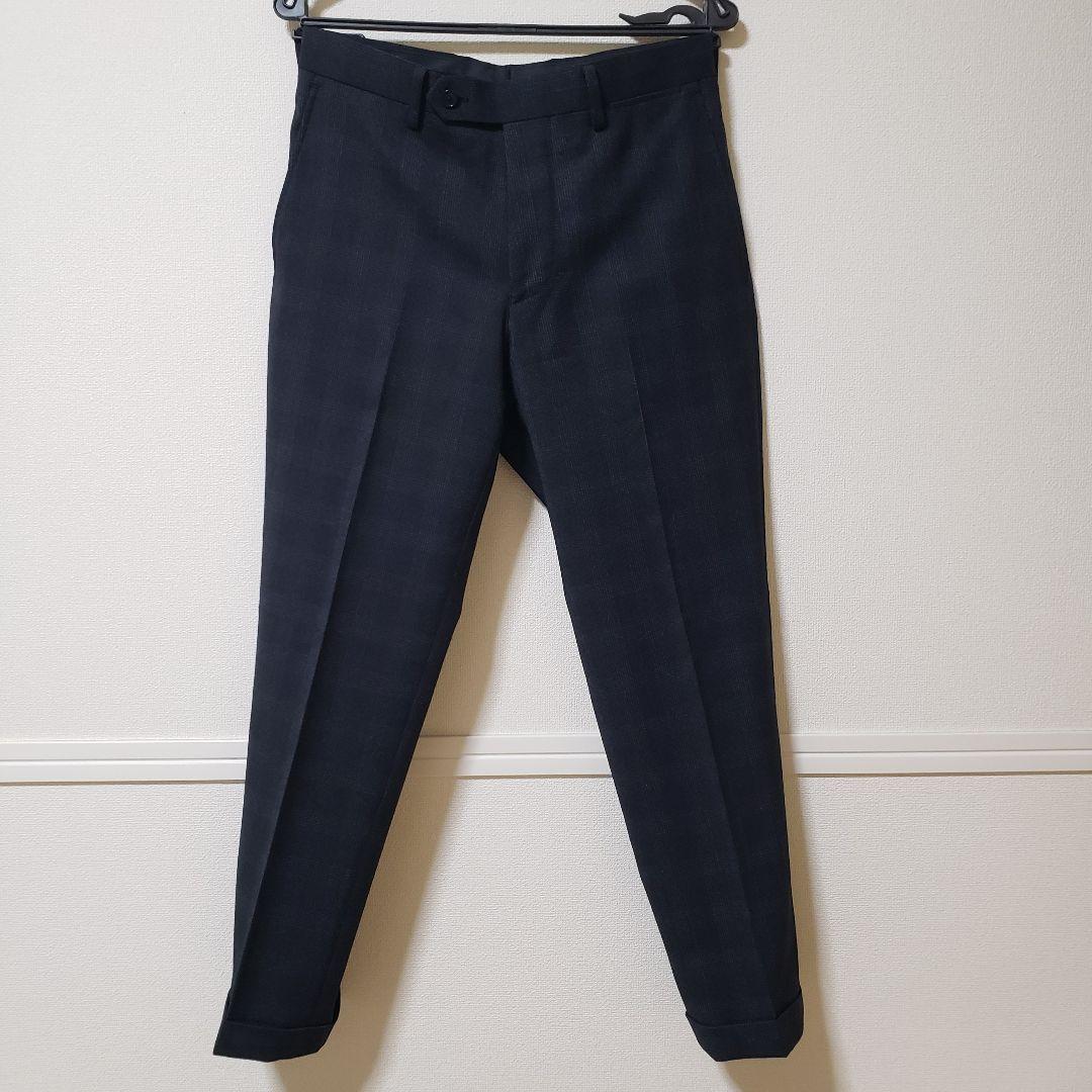 極美品】EDIFICEエディフィス/チェック柄/裾ダブルスラックス44ネイビー