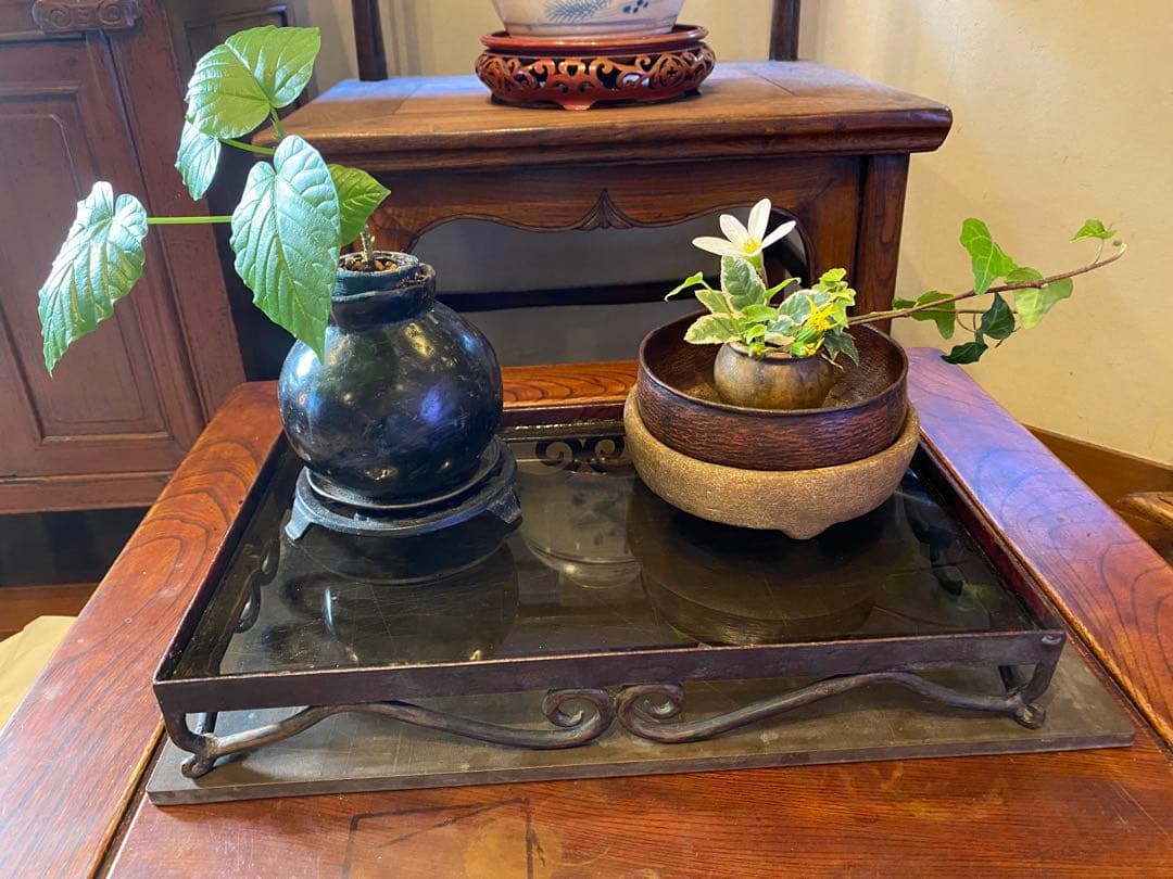アンティーク装飾アイアン製　ガラス台 ヴィンテージ　レア 鉢受け　観葉植物