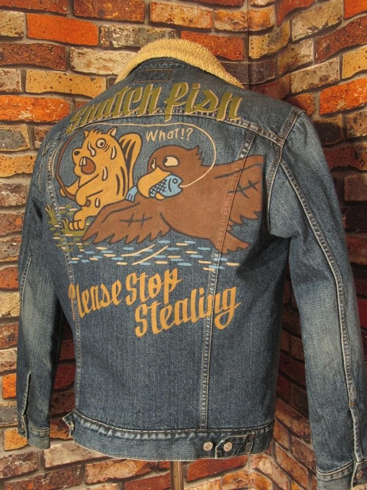 リーバイス デニムジャケット Lサイズ42 大きめ リス 釣り 裏ボア 松岡佳博