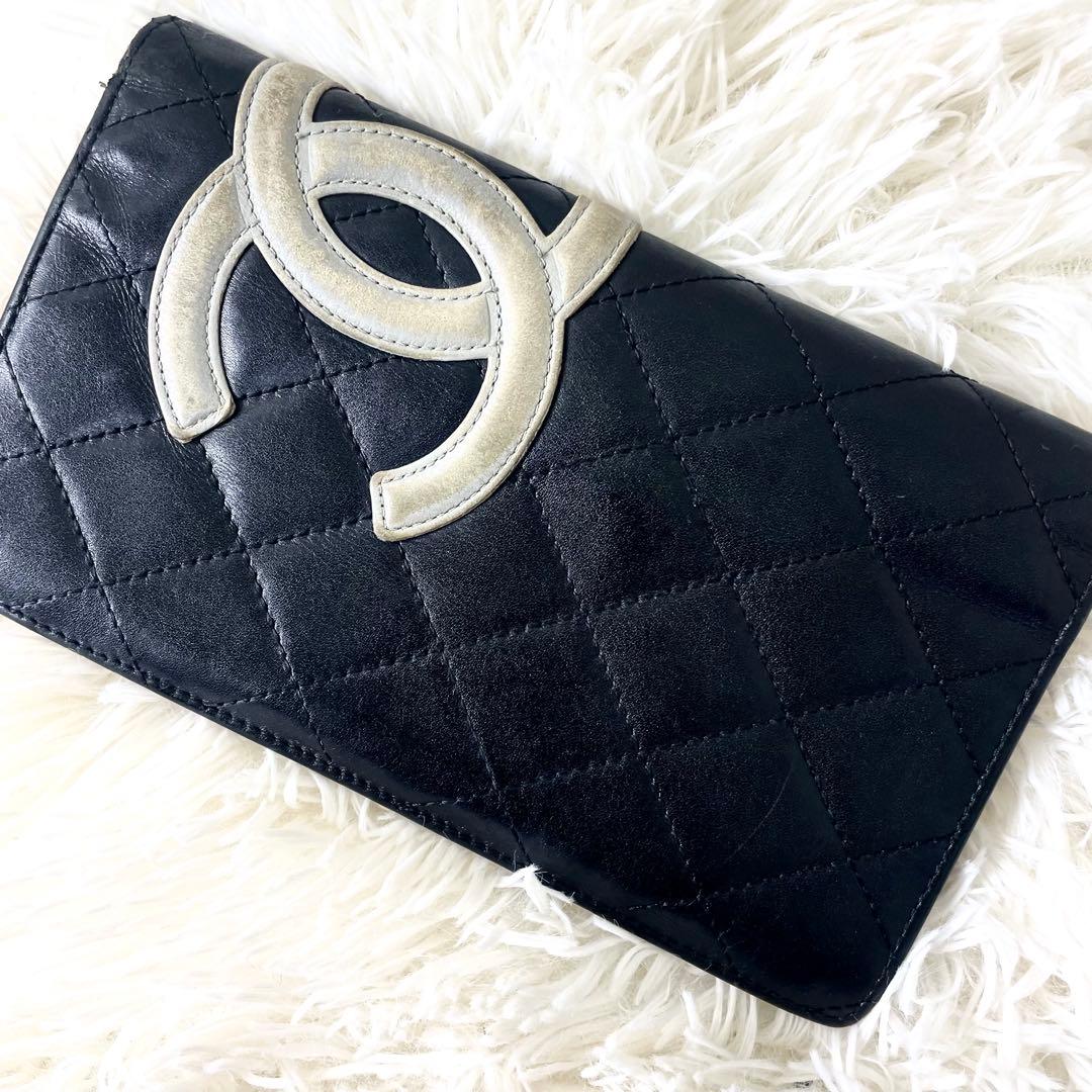 シャネル　CHANEL カンボンライン　長財布　折り財布　レザー　ブラック　黒