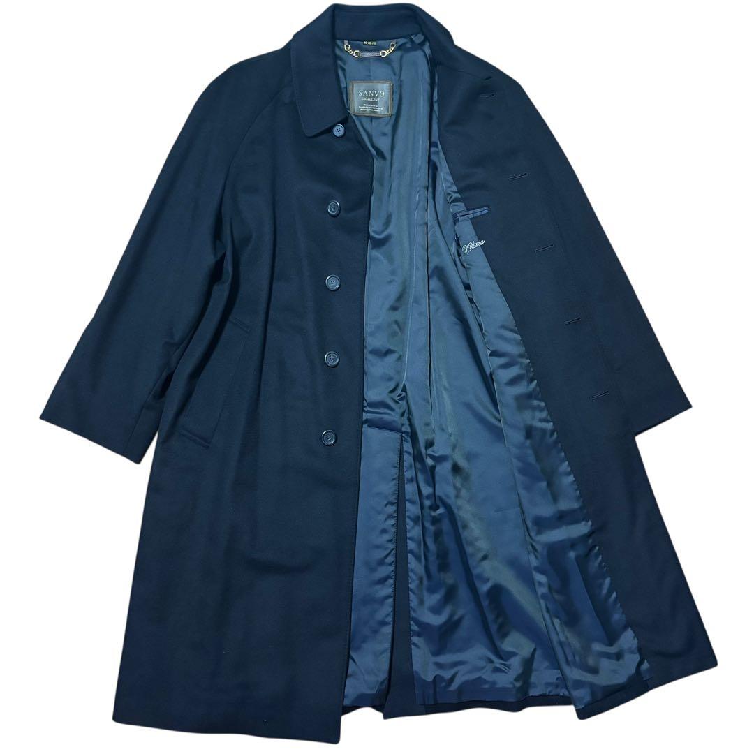 【カシミヤ100%】SANYO ステンカラーコート ロング チェック ネイビー