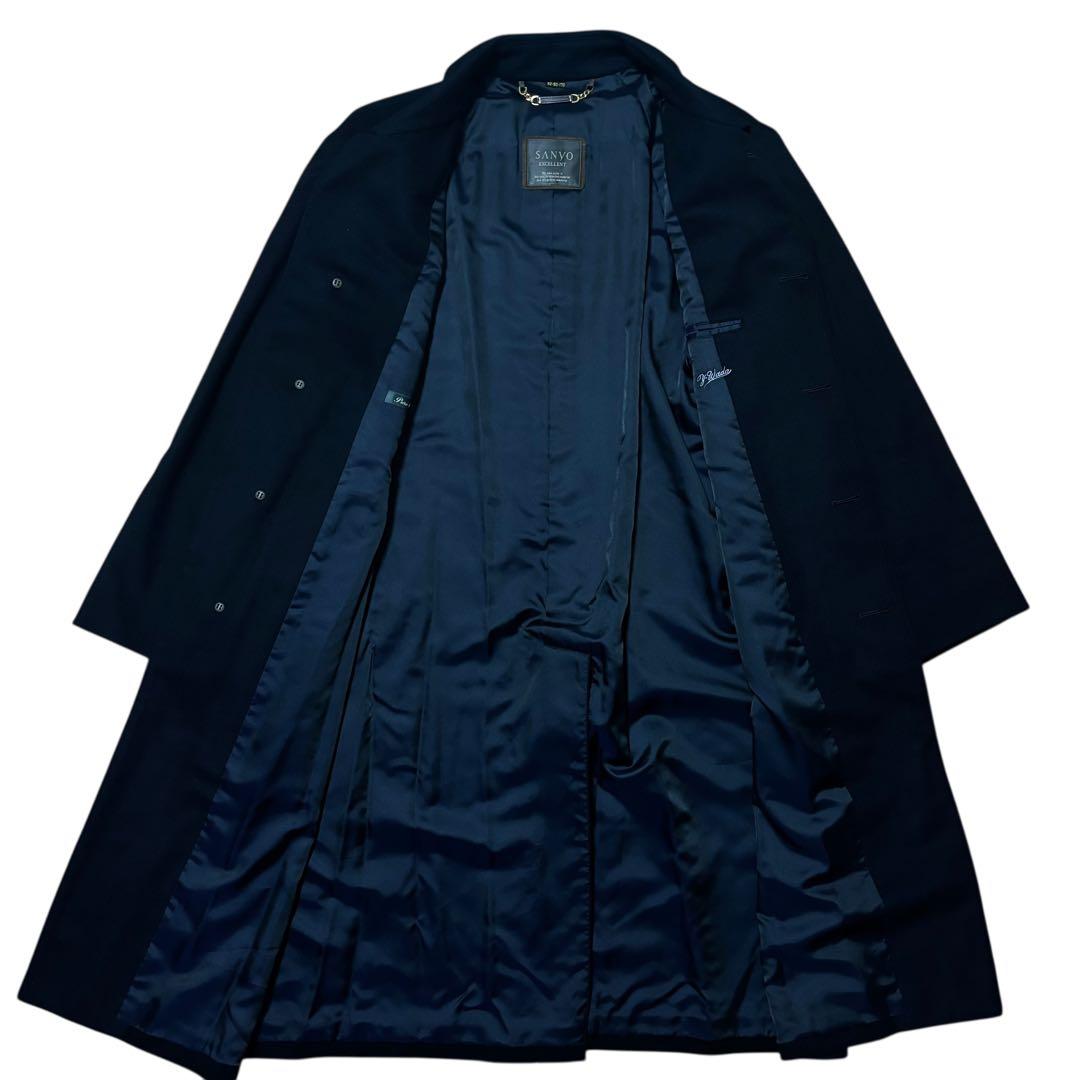 【カシミヤ100%】SANYO ステンカラーコート ロング チェック ネイビー