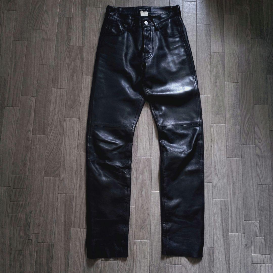 美品 agnes b. フランス製 レザーパンツ ラムレザー ブラック 36
