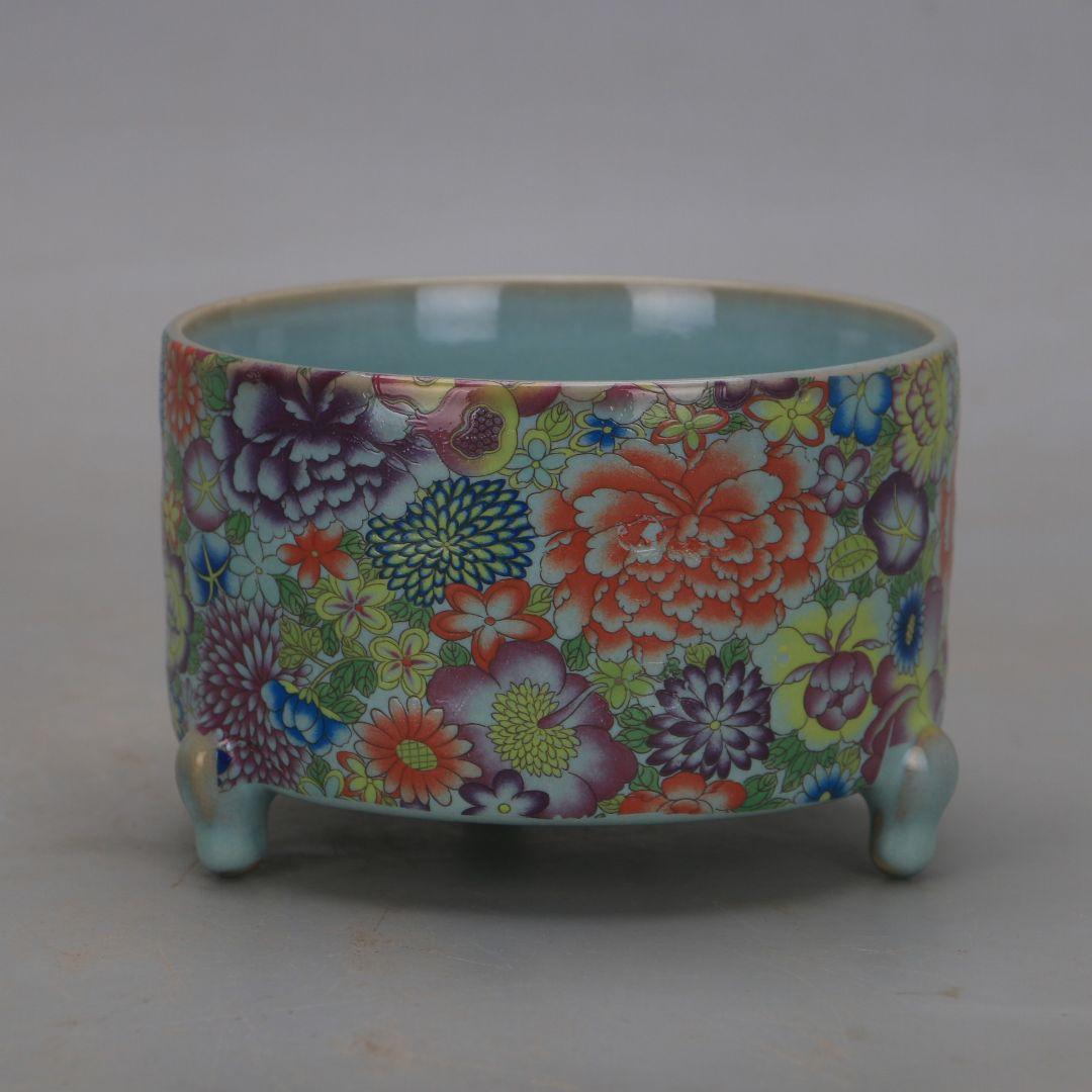 万花満工パステル三足香炉 景徳鎮 陶磁器 装飾品 現代工芸品 美術品 置物