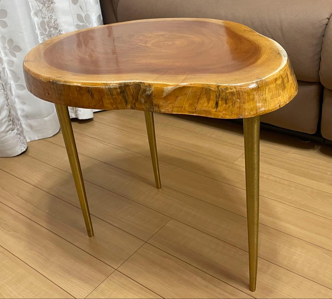 一枚板テーブル　幅53cm ゴールド色アイアン脚　サイドテーブル　無垢材