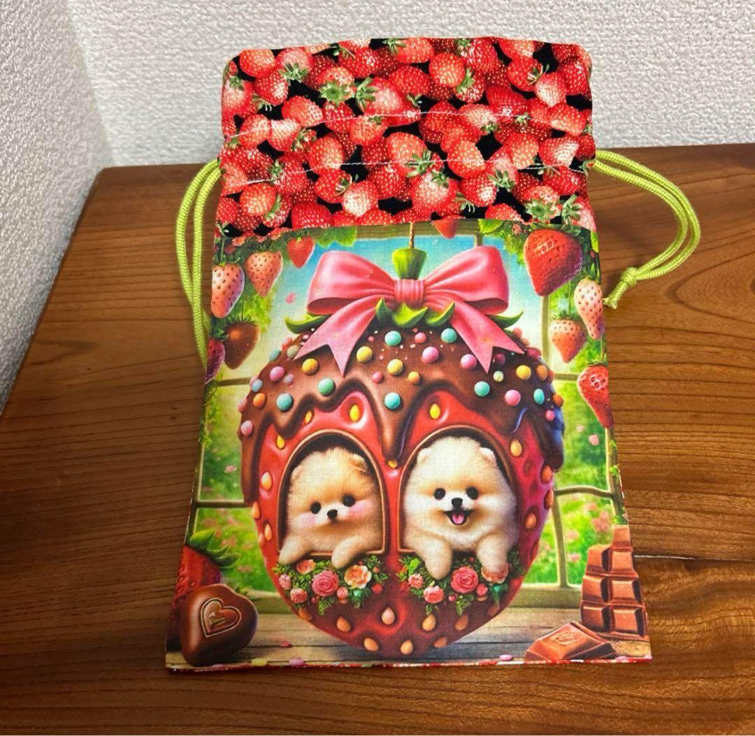 Hukumari激パネル苺ハウスポメラニアン ガーゼハンカチ　ハンドメイド