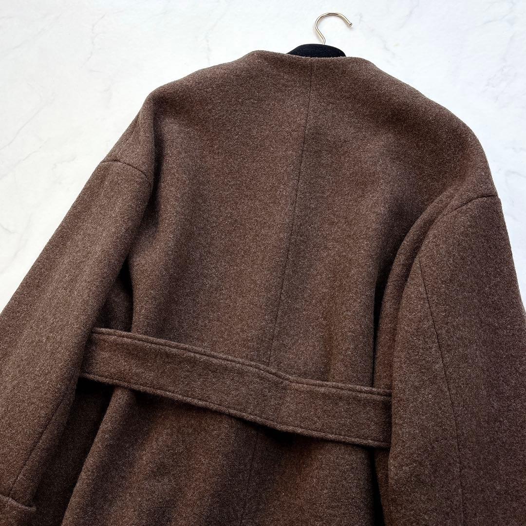 【MANOF】定価4.4万　ノーカラーコート　ハーフコート　ベルテッド　茶　M