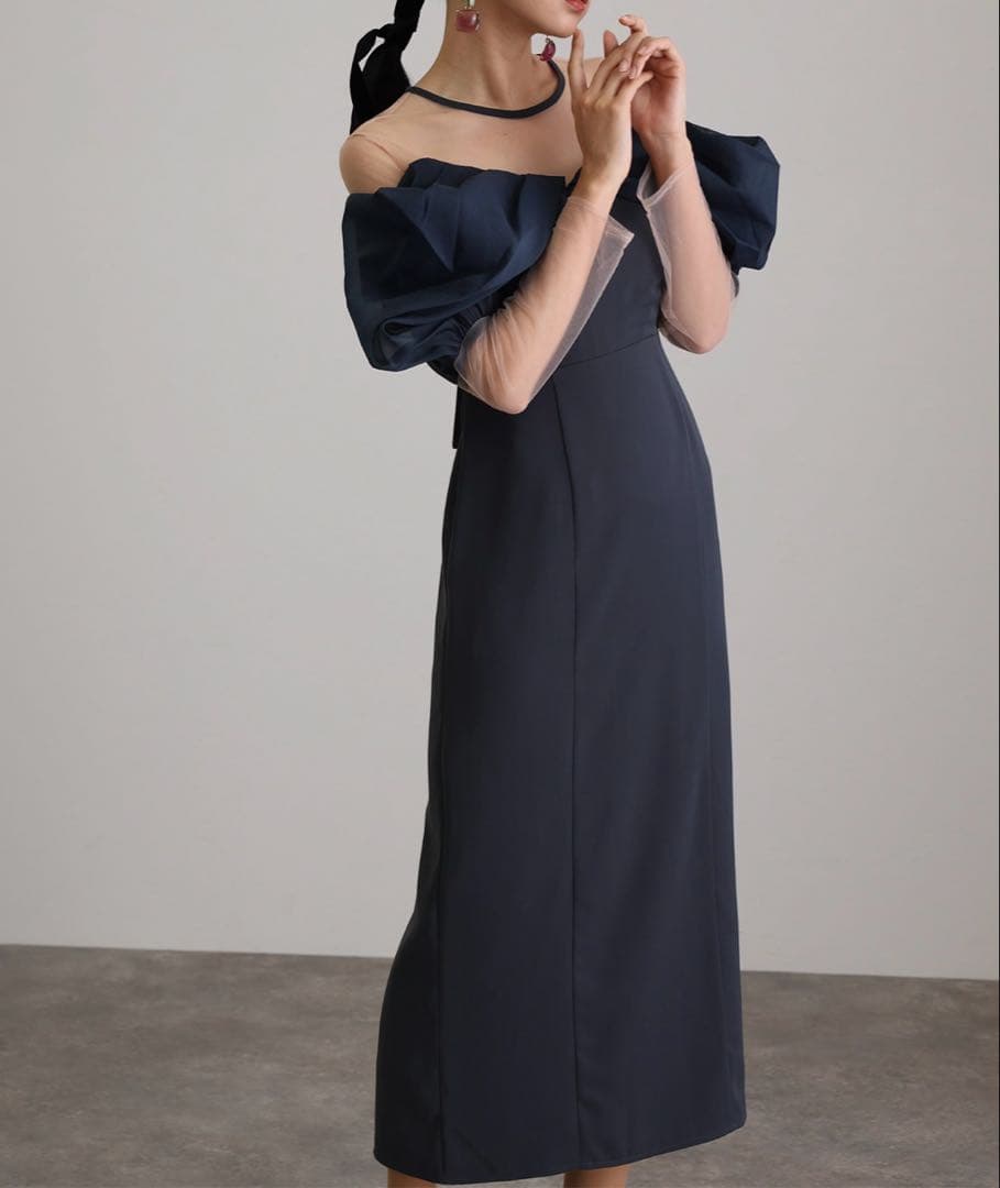 pourvous オフショルダーストレートドレス アッシュネイビー L