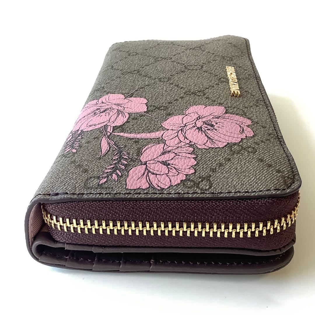新品★ピンキー＆ダイアン★フラワーペイントラウンドファスナー長財布★茶系