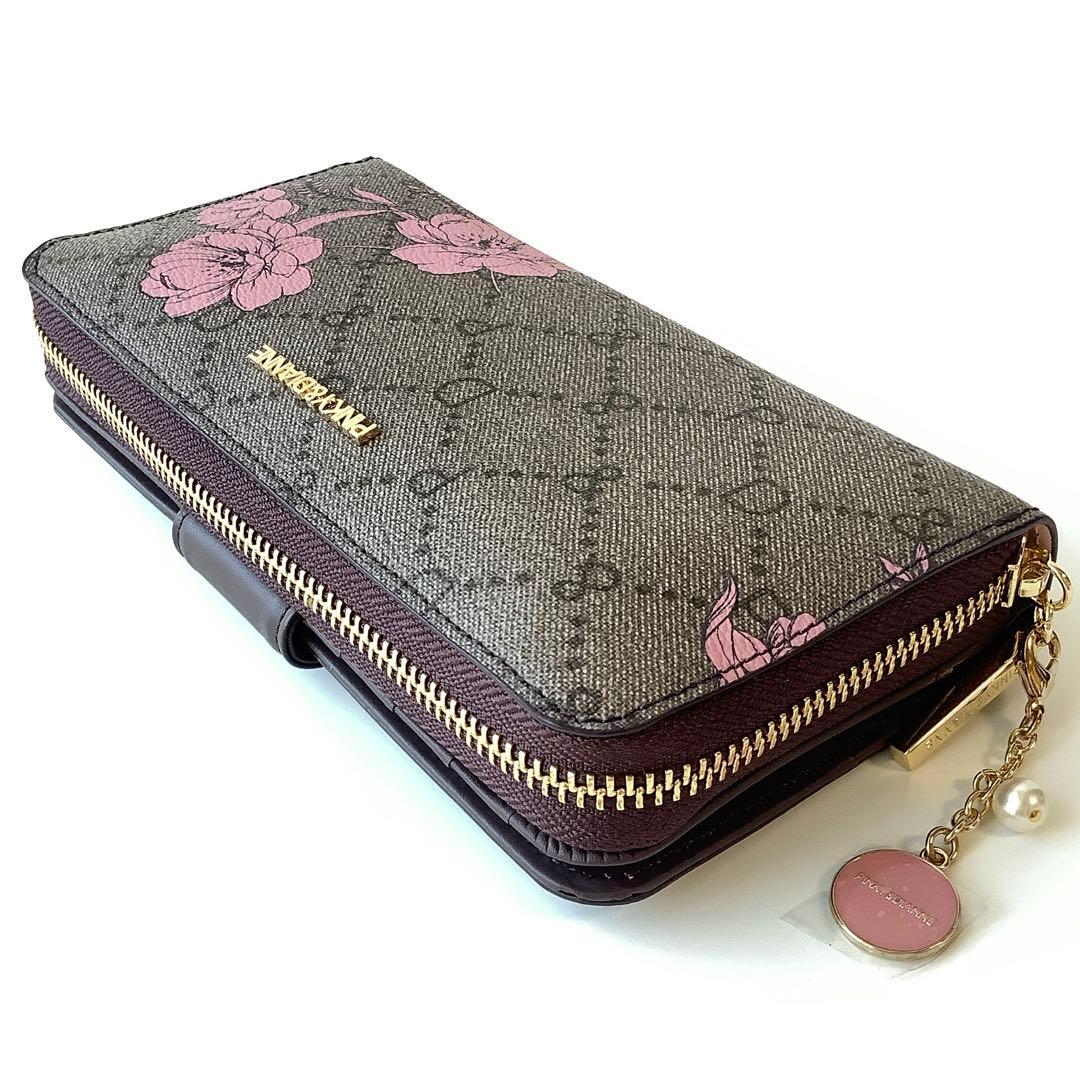 新品★ピンキー＆ダイアン★フラワーペイントラウンドファスナー長財布★茶系