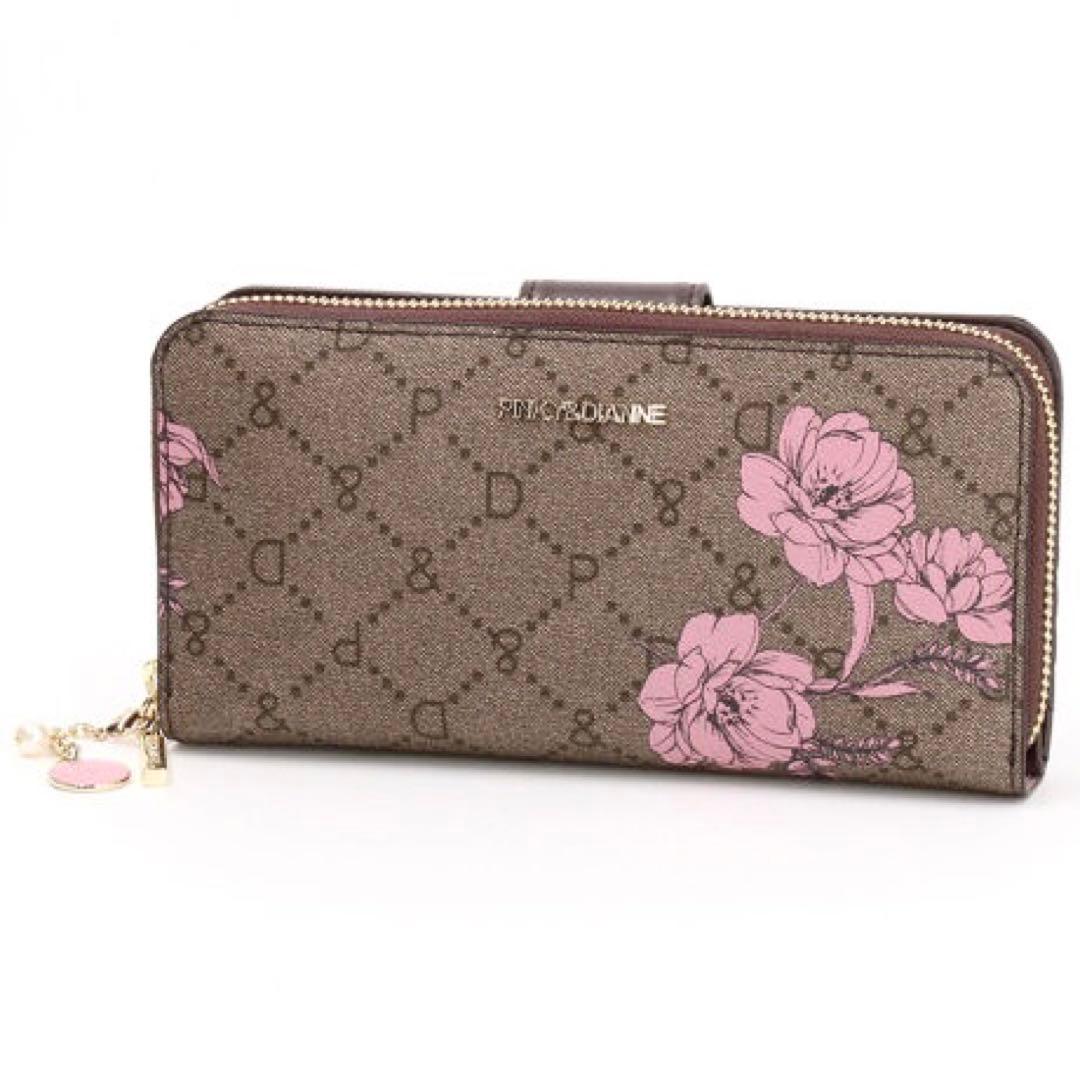 新品★ピンキー＆ダイアン★フラワーペイントラウンドファスナー長財布★茶系