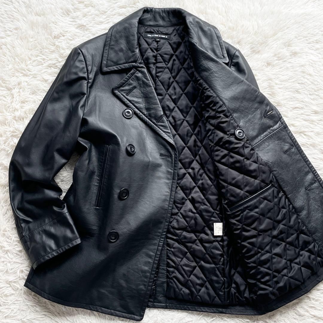 美品 コムサ 本革 レザー ダブルチェスターコート キルティング 中綿 ブラック