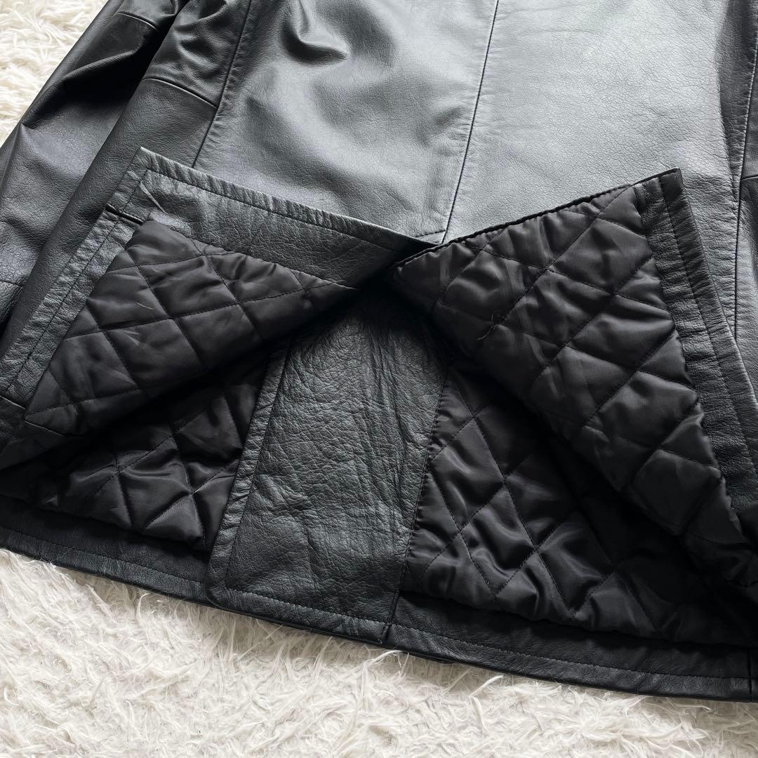 美品 コムサ 本革 レザー ダブルチェスターコート キルティング 中綿 ブラック