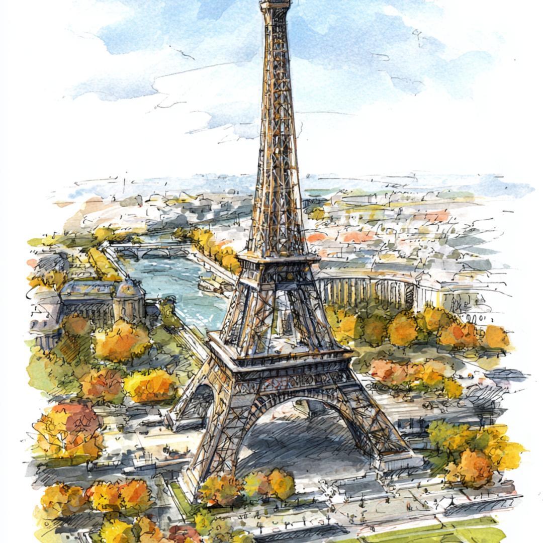A4 パリ エッフェル塔 水彩画 紅葉アート アートインテリア - メルカリ