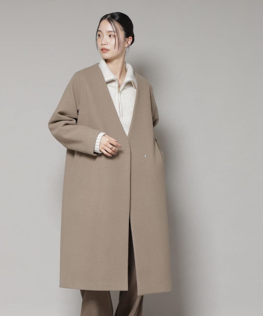 ナノユニバース　vネックノーカラーコート　モカ　ロングコート