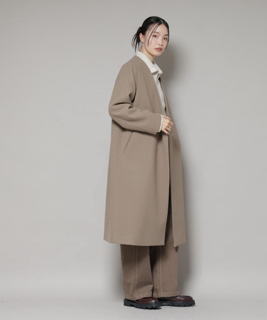ナノユニバース　vネックノーカラーコート　モカ　ロングコート