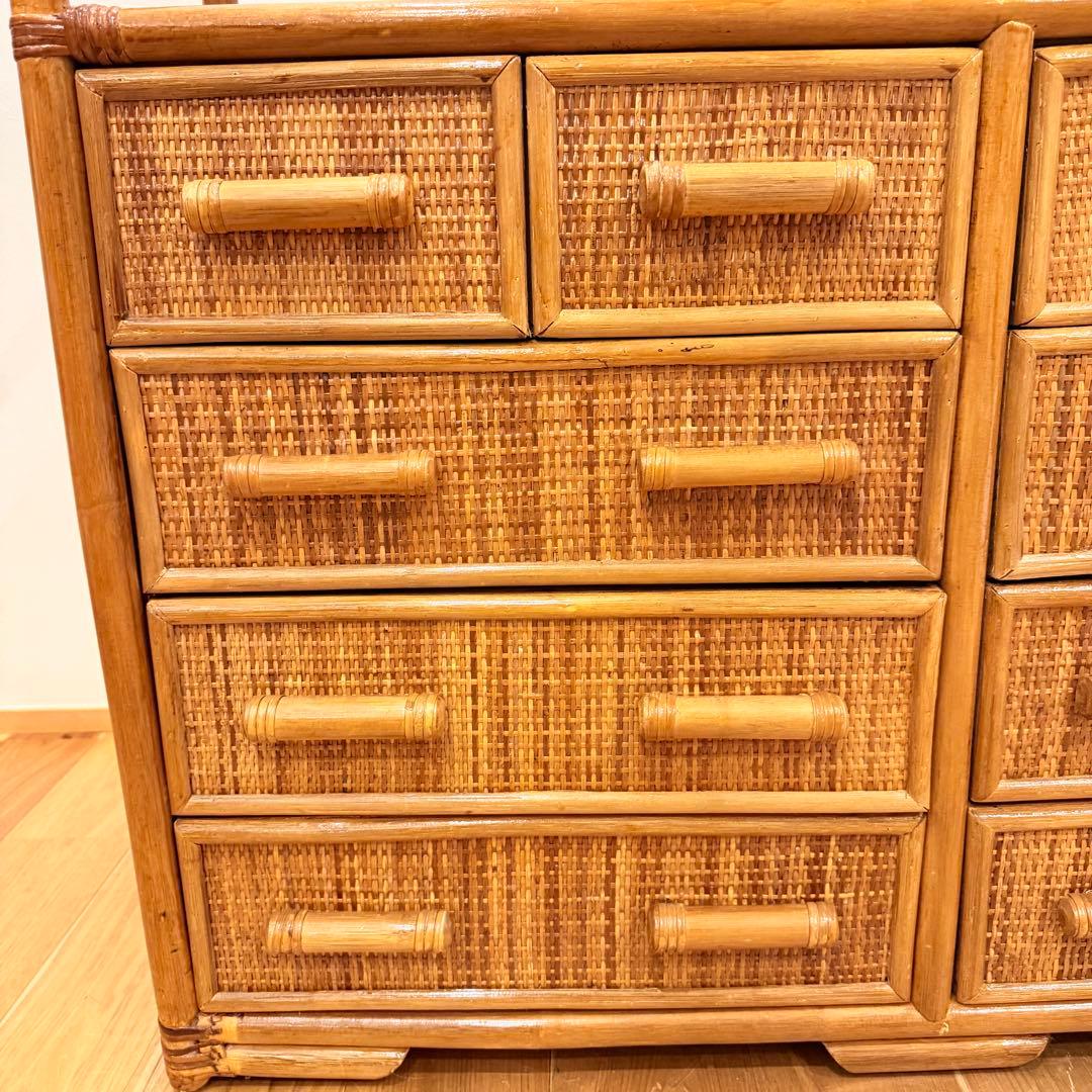 アンティーク ラタン 籐 ワイド ローチェスト 棚 10杯 テレビ台 昭和レトロ