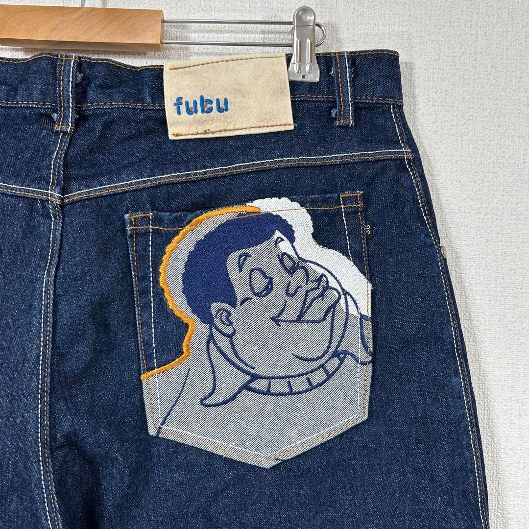 プラチナムフブデニムパンツF110ダブルニーw36FUBU刺繍ロゴb系Y2K古着