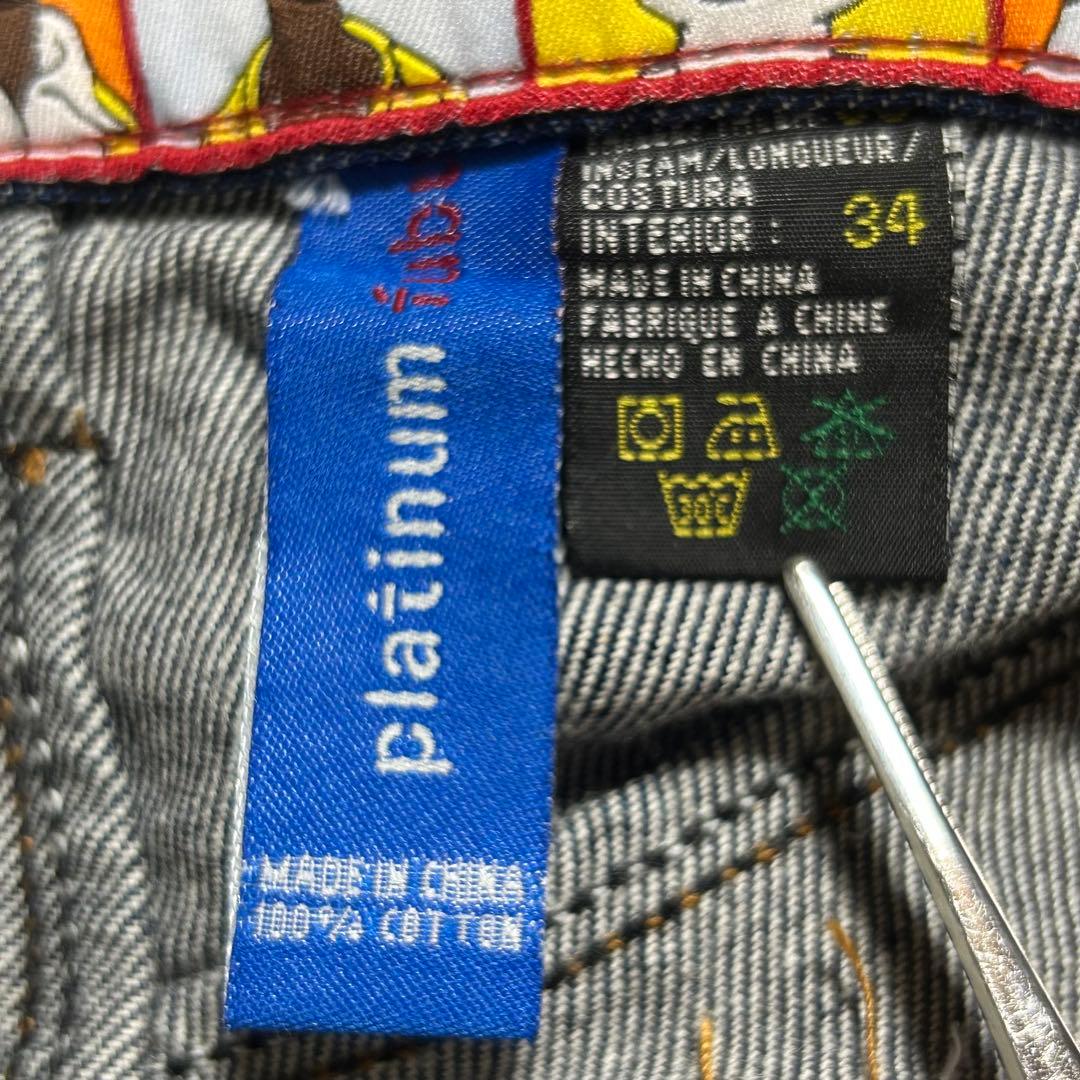 プラチナムフブデニムパンツF110ダブルニーw36FUBU刺繍ロゴb系Y2K古着