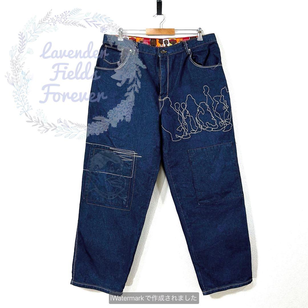 プラチナムフブデニムパンツF110ダブルニーw36FUBU刺繍ロゴb系Y2K古着