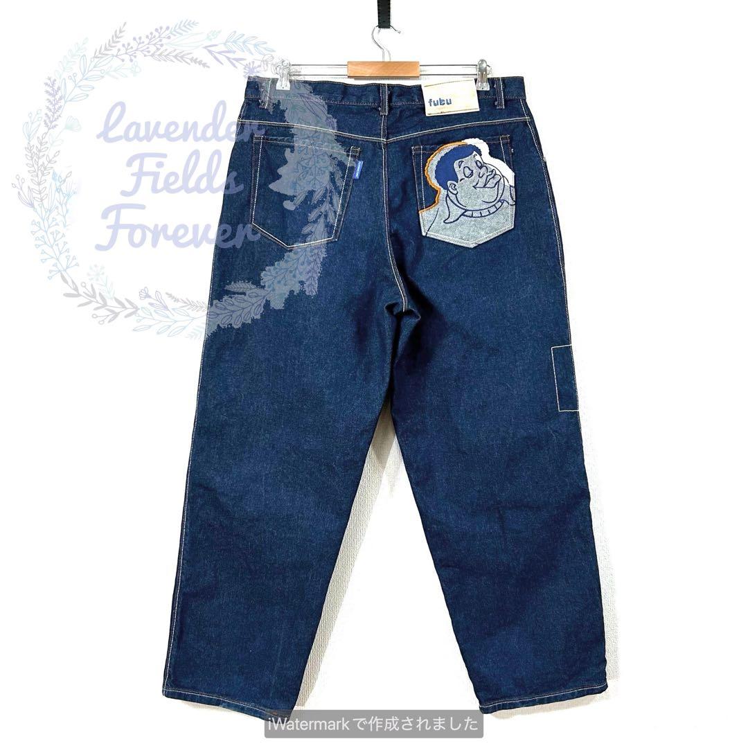 プラチナムフブデニムパンツF110ダブルニーw36FUBU刺繍ロゴb系Y2K古着