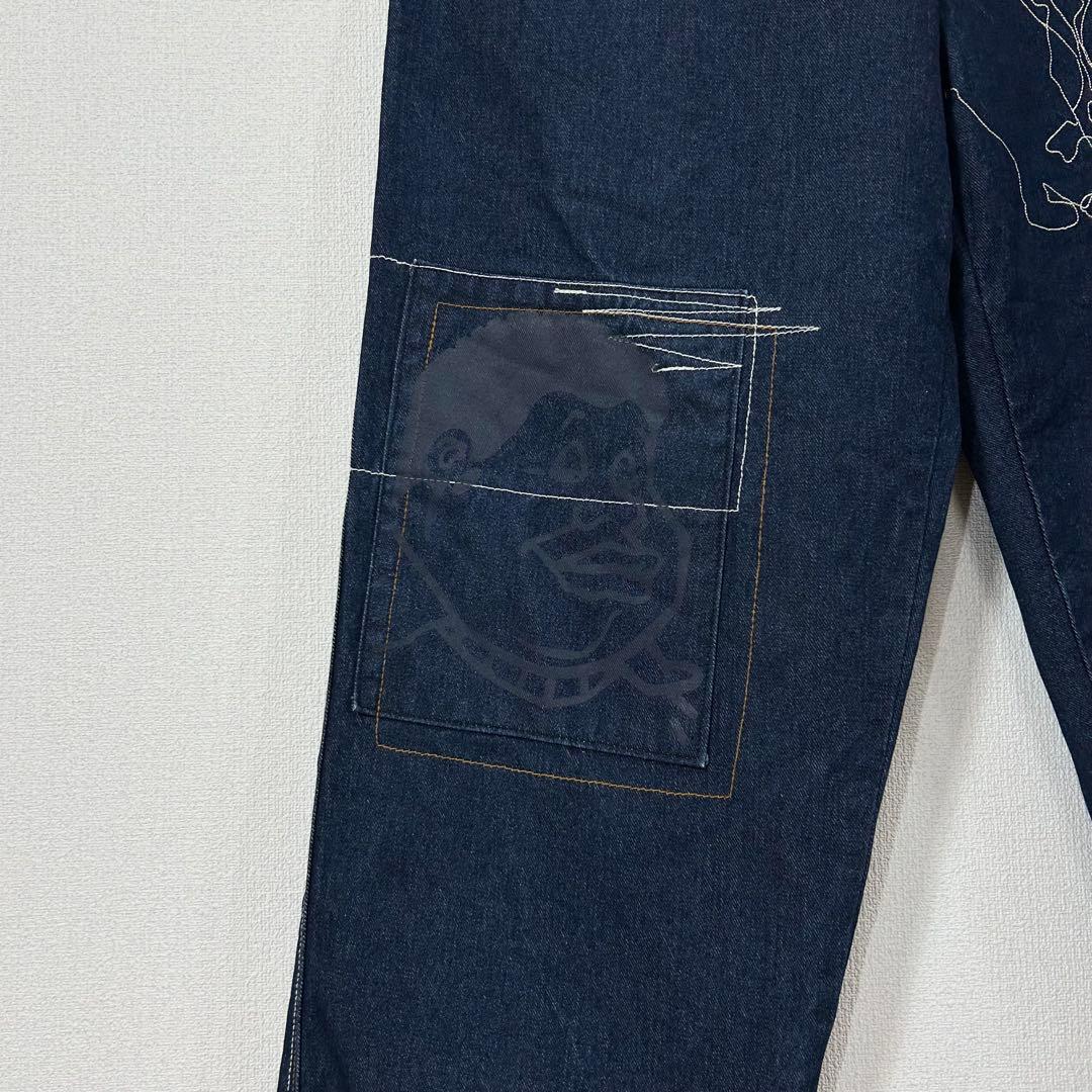 プラチナムフブデニムパンツF110ダブルニーw36FUBU刺繍ロゴb系Y2K古着