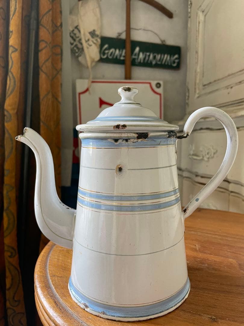 Kアンティーク　ホーロー　ポット　エトワール社　ライトブルー　ホワイト