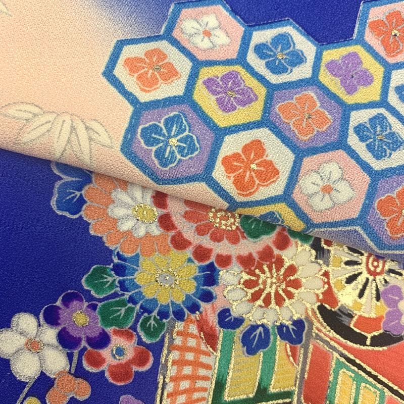 503ag69□七五三 七歳 女児 着物&袋帯&長襦袢 金彩 御所車□状態良好