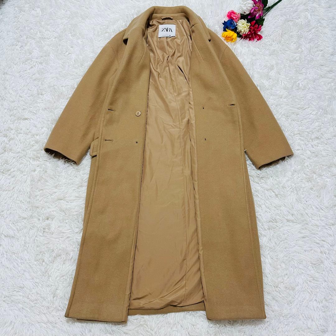 ZARA ベージュ ダブルブレスト ロングコート - メルカリ