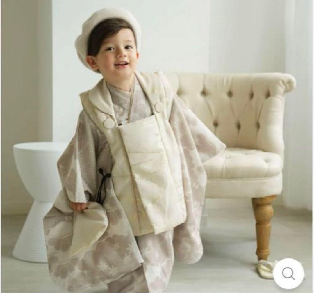 utataneひよこ商店七五三３歳用被布コートセット男の子ベージュ金彩×松文様