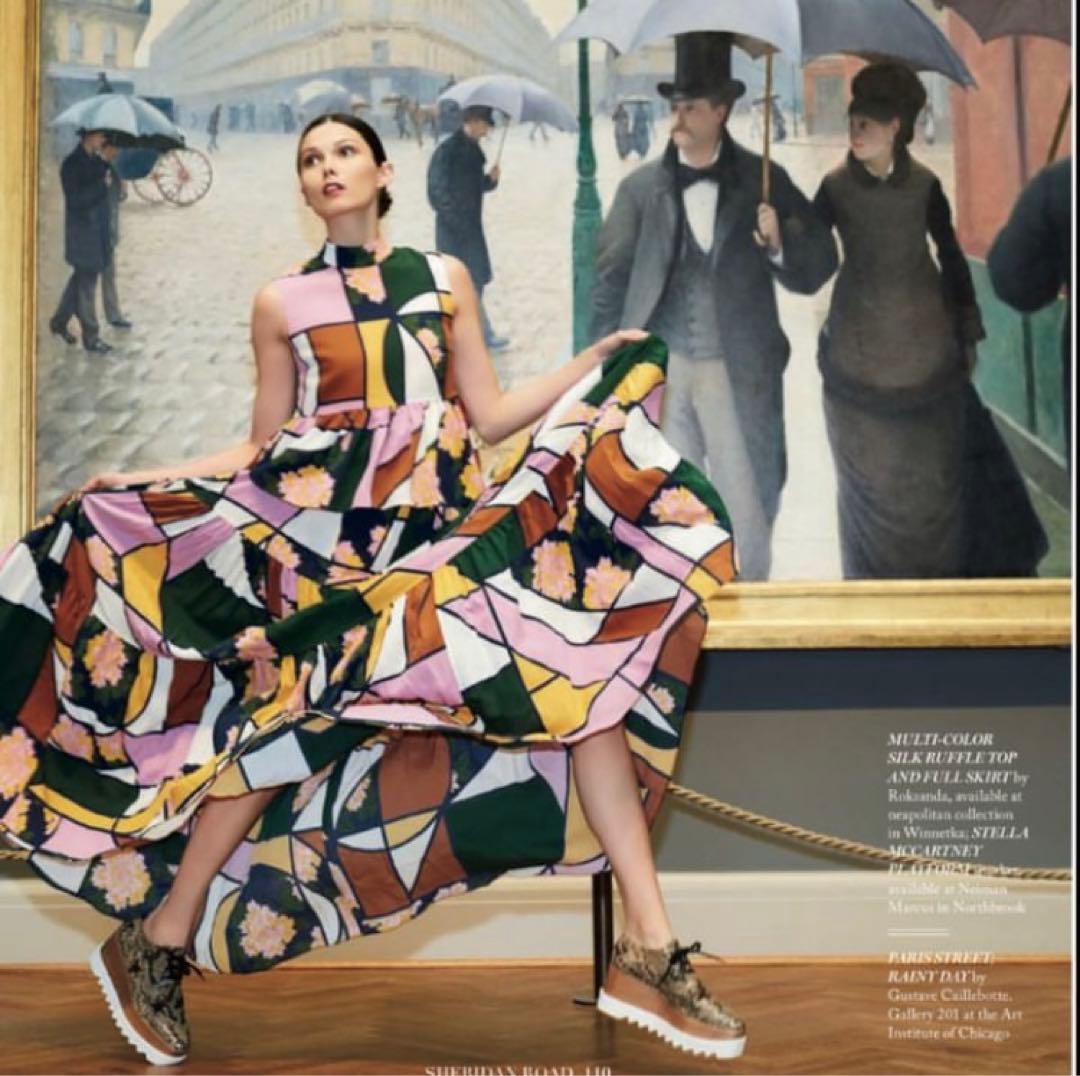 【ROKSANDA】パネルプリーツ マルチカラー総柄バルーン袖SILKワンピース