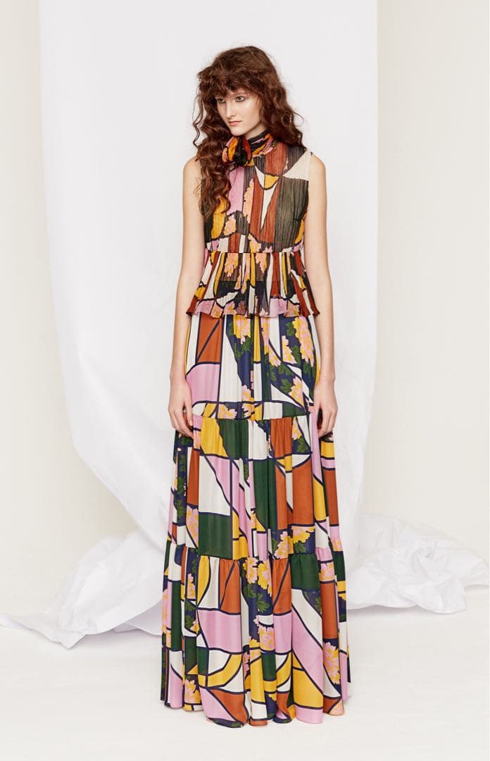 【ROKSANDA】パネルプリーツ マルチカラー総柄バルーン袖SILKワンピース