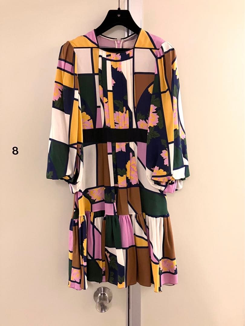 【ROKSANDA】パネルプリーツ マルチカラー総柄バルーン袖SILKワンピース