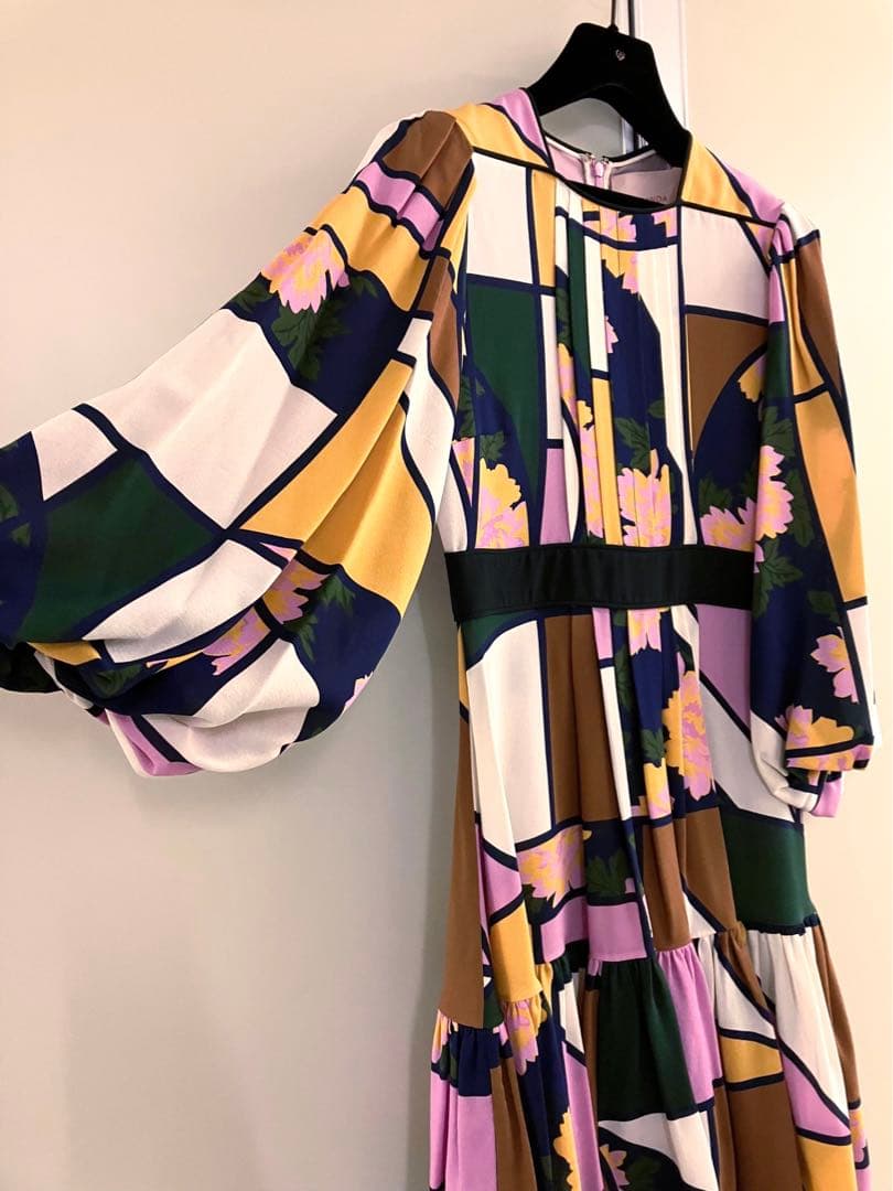 【ROKSANDA】パネルプリーツ マルチカラー総柄バルーン袖SILKワンピース