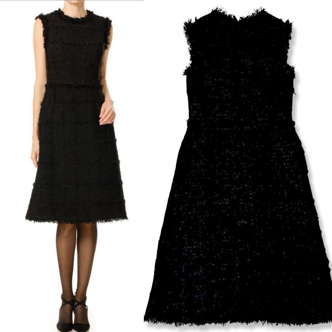 美品 アベニールエトワール フリンジツイード ワンピース ブラック 34