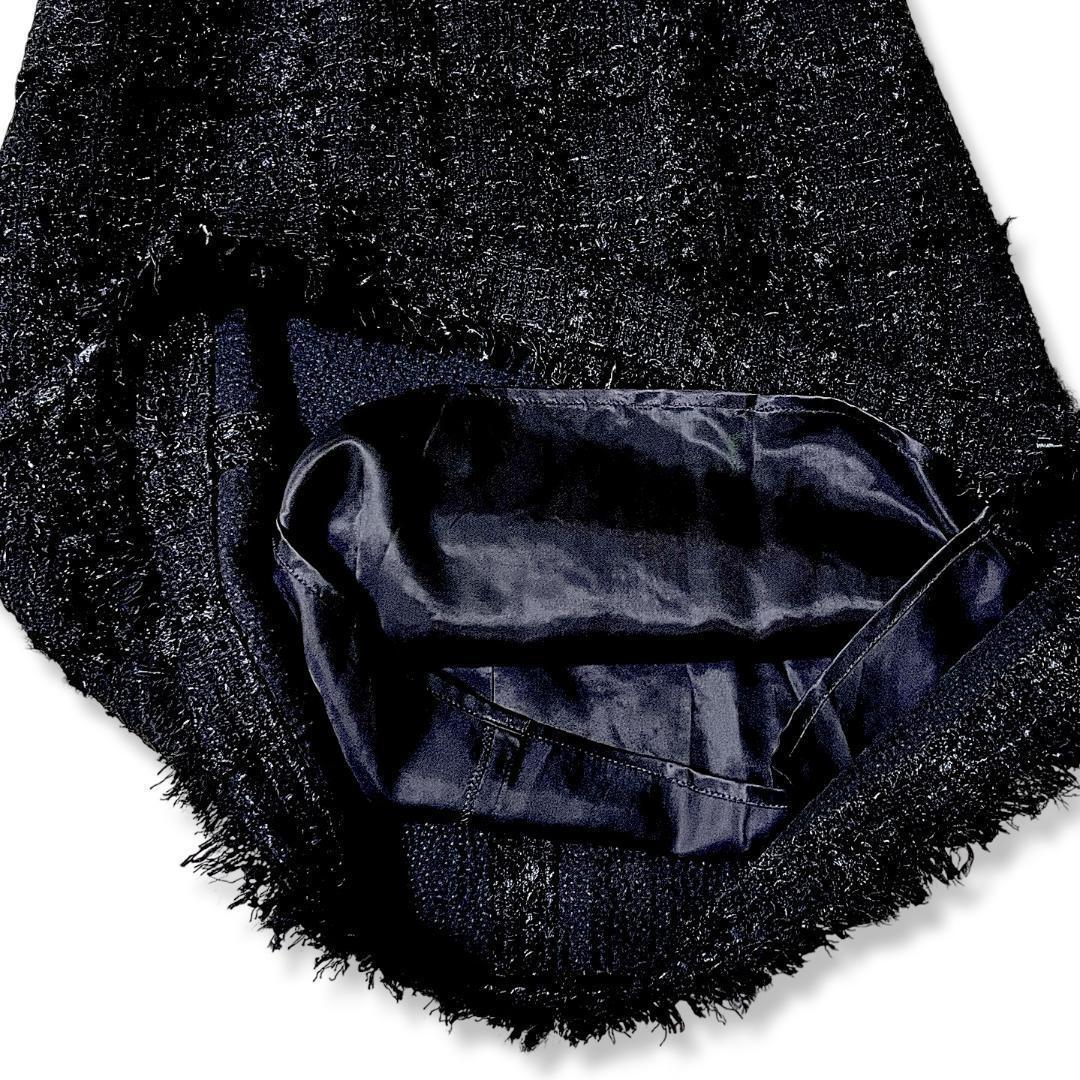 美品 アベニールエトワール フリンジツイード ワンピース ブラック 34