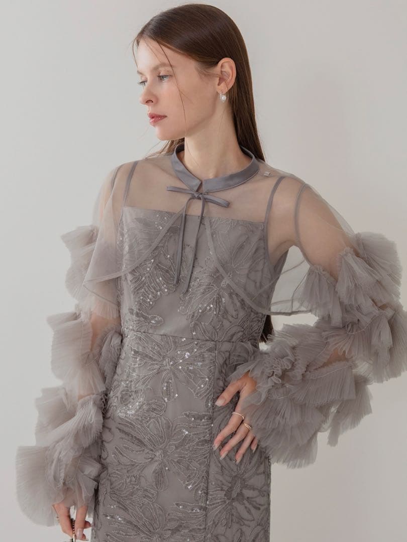 フリルチュールスリーブリボンIラインワンピースドレス結婚式二次会パーティー成人式