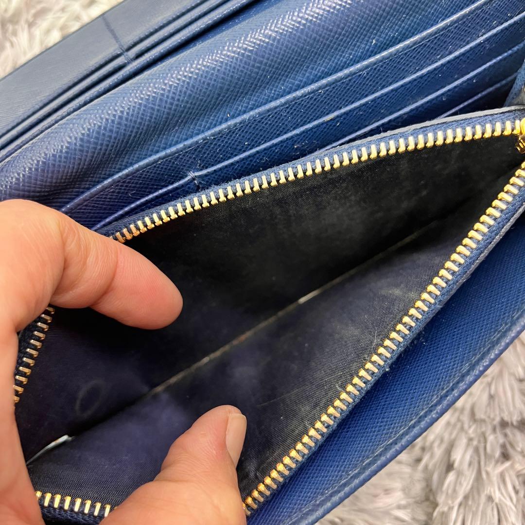 美品✨PRADA サフィアーノ　メタルバー　メタルロゴ　ネイビー　長財布