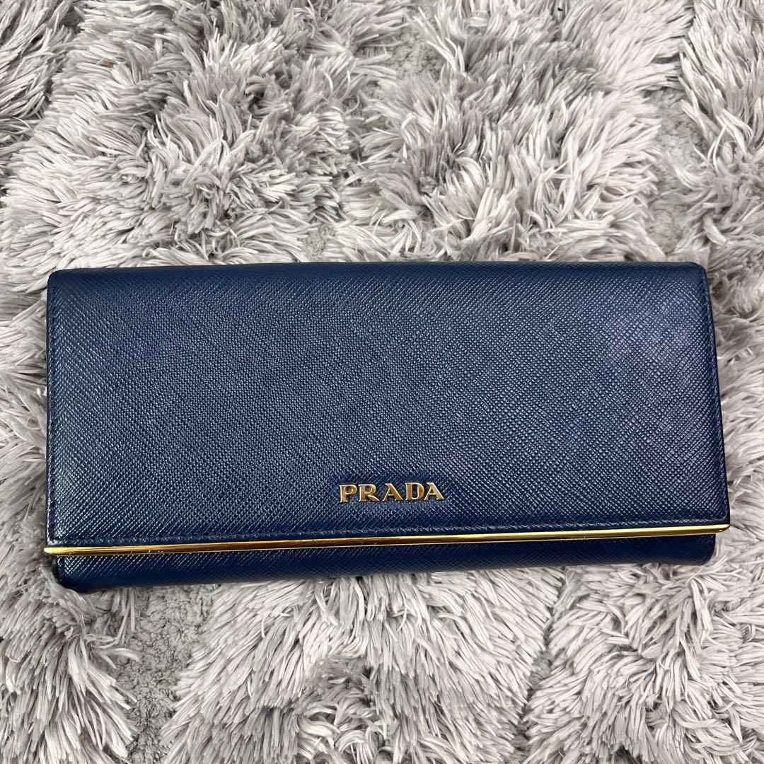 美品✨PRADA サフィアーノ　メタルバー　メタルロゴ　ネイビー　長財布
