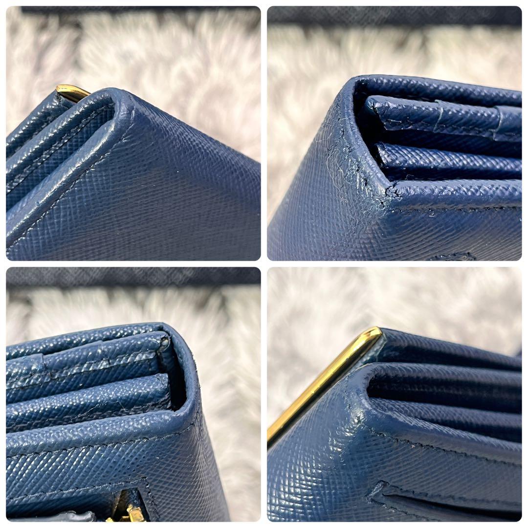 美品✨PRADA サフィアーノ　メタルバー　メタルロゴ　ネイビー　長財布