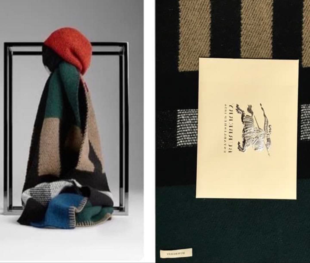 美品BURBERRY バーバリー カラーブロック チェック マフラー カシミヤ混