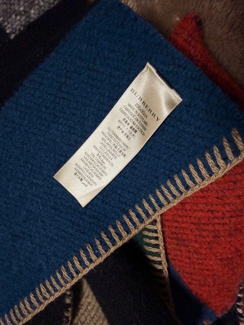 美品BURBERRY バーバリー カラーブロック チェック マフラー カシミヤ混