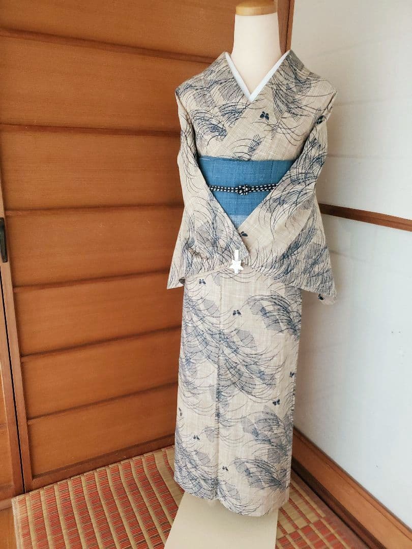 【麗しのふだんキモノ＊】奥州小紋風の浴衣　ベージュ×青　スモールサイズ　綿