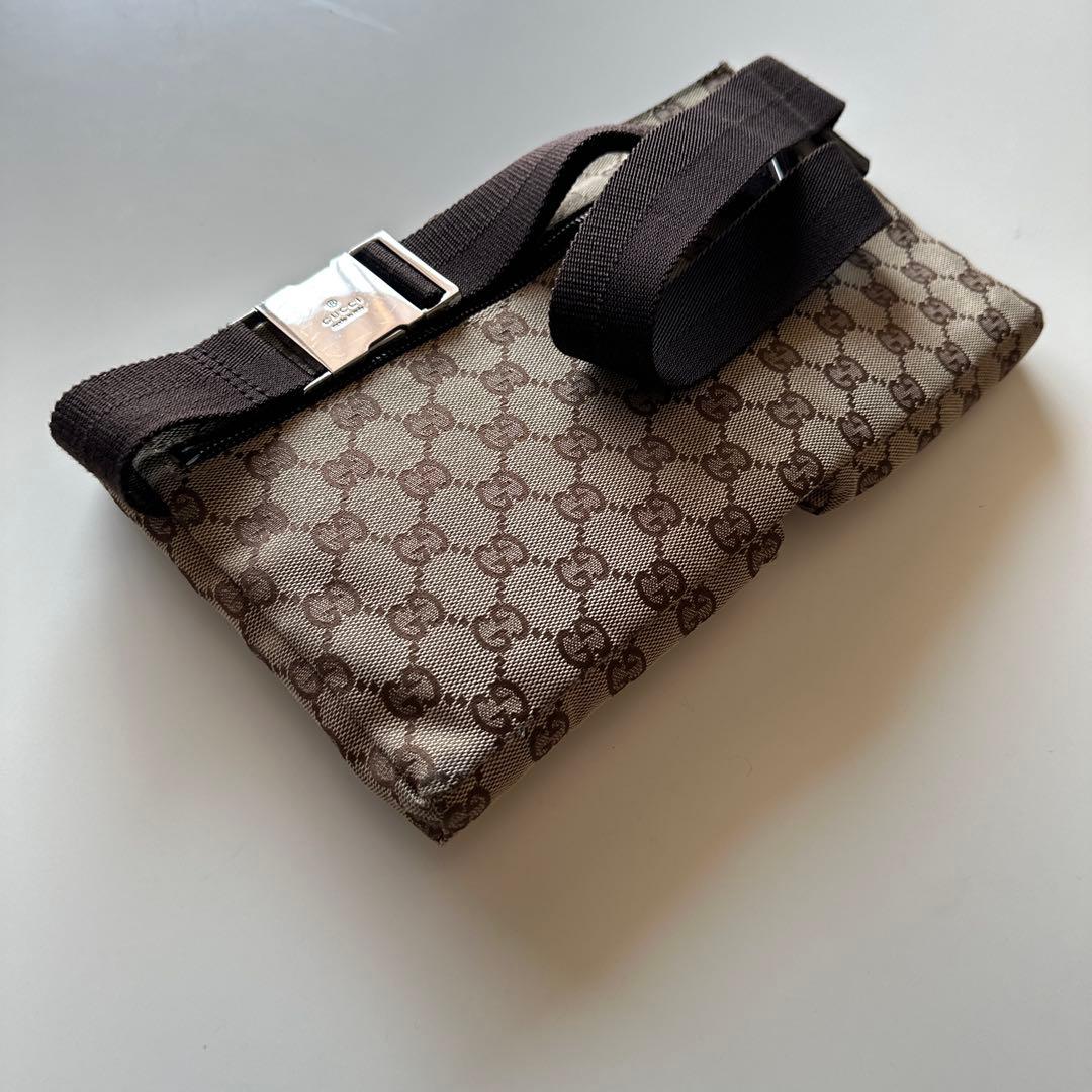GUCCIボディバッグ GG キャンバス レザー ウエストポーチ ブラウン