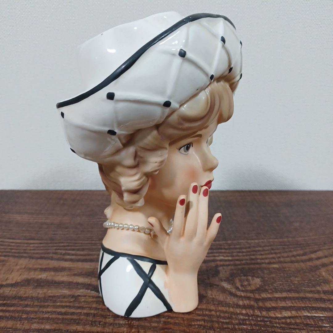 ビンテージ　レディヘッドベース　白い帽子を被った女性の陶器製の置物花瓶