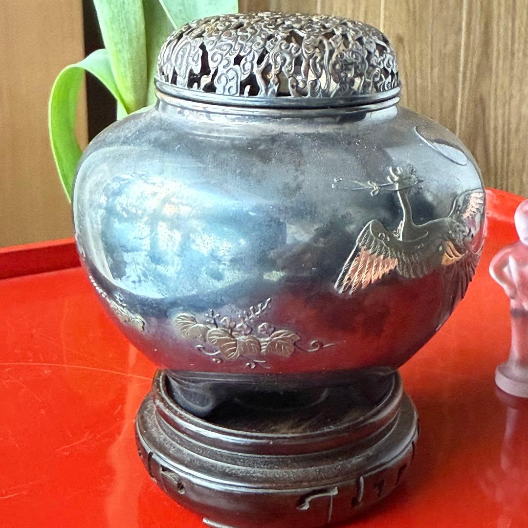 R様へ感謝お嫁入り‼️宝石王愛蔵品純銀金銀象嵌　桐花鳳凰雲竜火屋刻銘純銀香炉1客