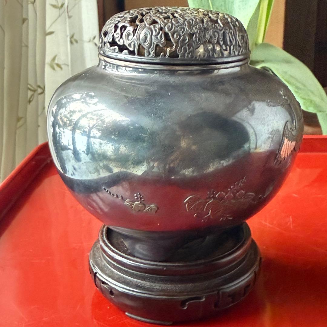 R様へ感謝お嫁入り‼️宝石王愛蔵品純銀金銀象嵌　桐花鳳凰雲竜火屋刻銘純銀香炉1客