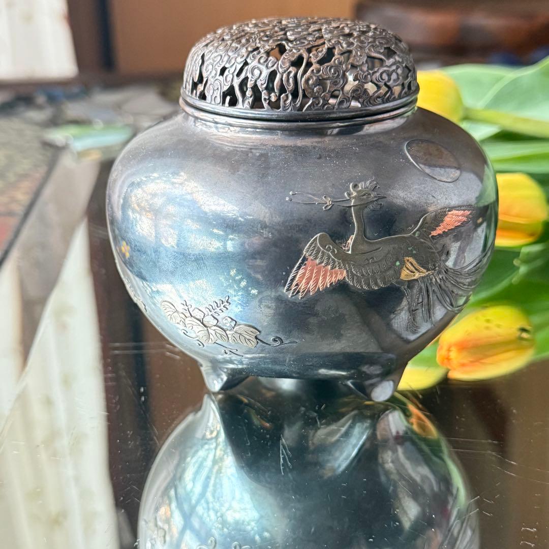 R様へ感謝お嫁入り‼️宝石王愛蔵品純銀金銀象嵌　桐花鳳凰雲竜火屋刻銘純銀香炉1客