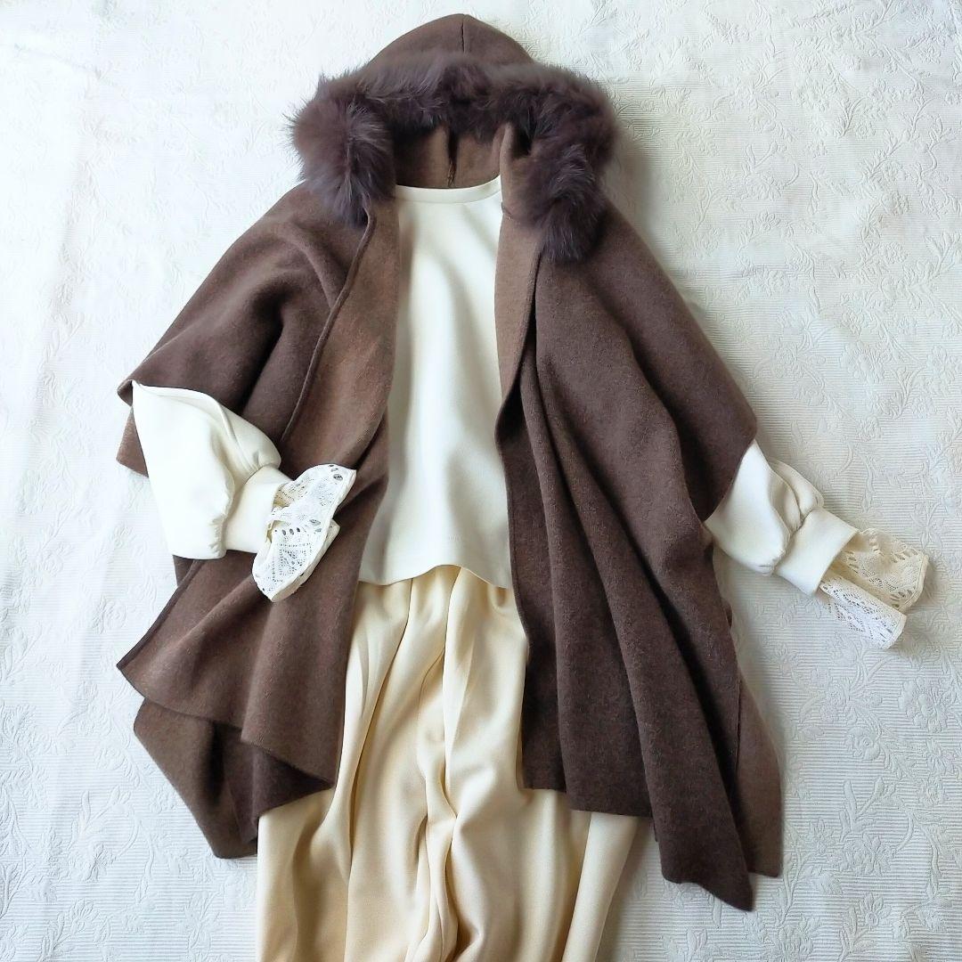 美品　レリアン　カシミヤ100％　フォックスファー　フード　ポンチョ　3Way